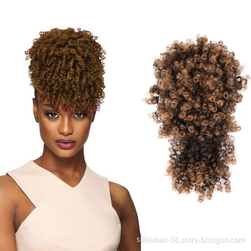 High Quality Brown Short Drawstring Ponytail Puff Hair Pieces Afro Kinky Curly Chignon With Bangs Synthetic Hair Bun Extensions